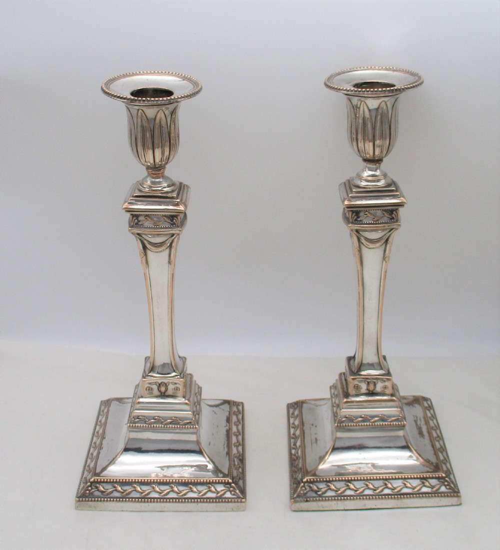 A Rare Pair of Old Sheffield Plated Candlesticks c1780 View V