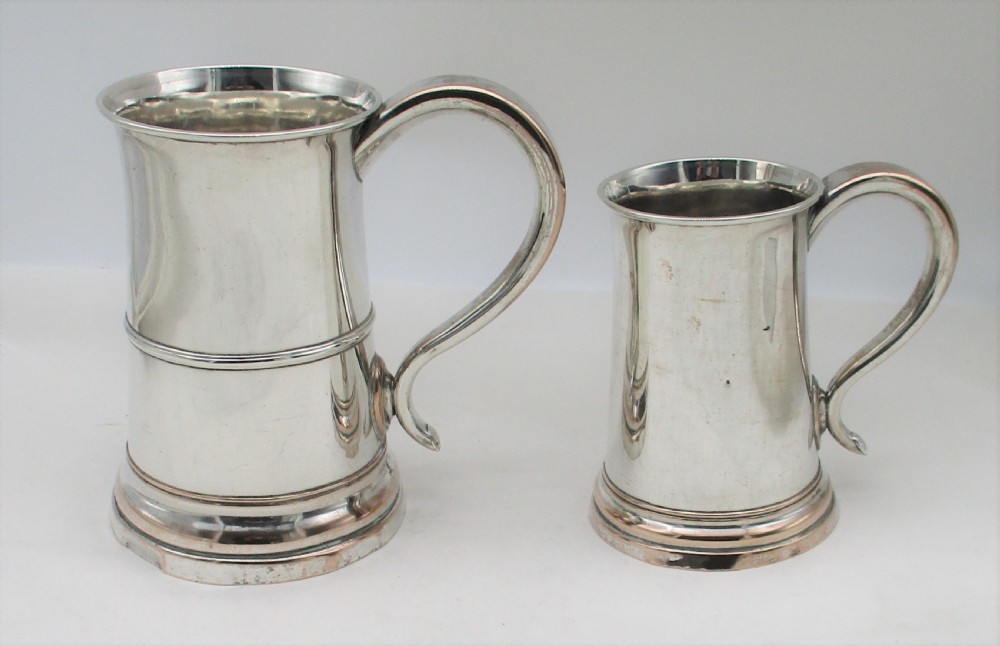 18th Century Near Graduated Pair of Old Sheffield Plated Tankards