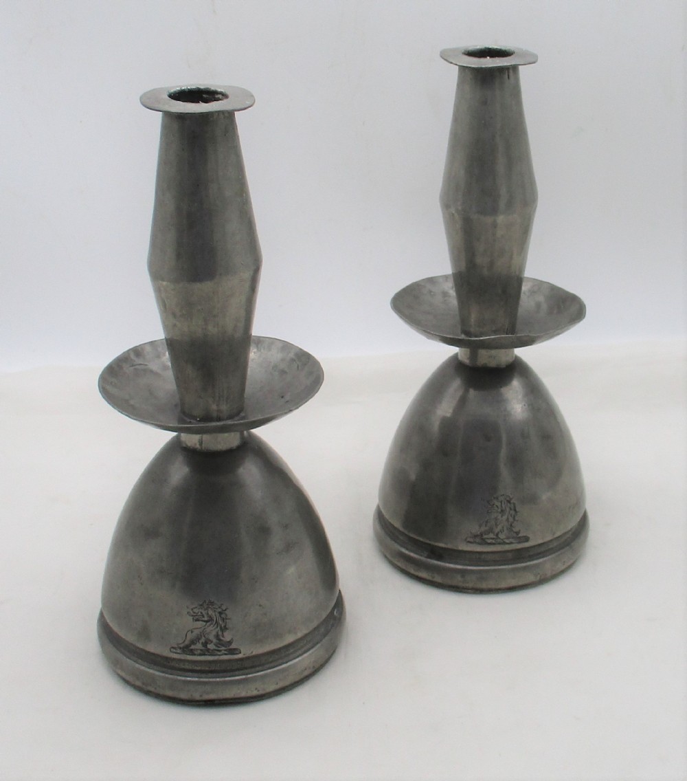 Rare Pair of Early 19th Century Pewter Candlesticks - Crested