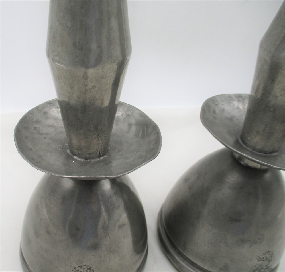 Rare Pair of Early 19th Century Pewter Candlesticks - Crested View V