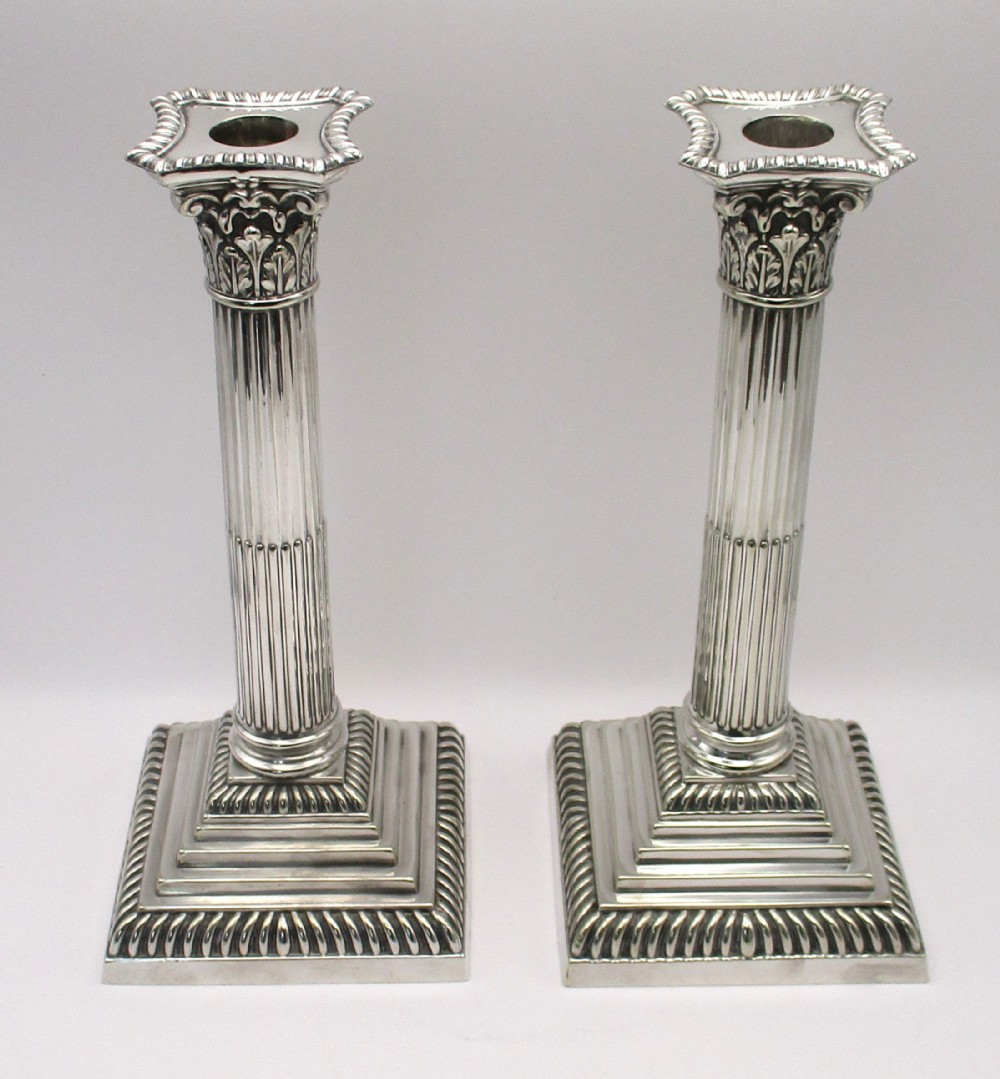 Pair of Silver Plated Column Candlesticks by Mappin & Webb