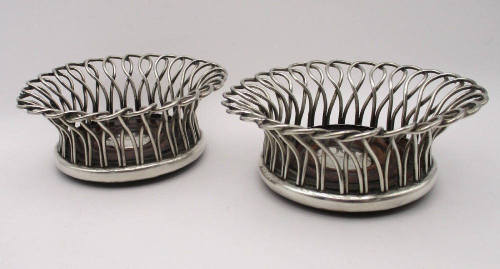 Small Pair of Old Sheffield Plated Wirework Glass Coasters