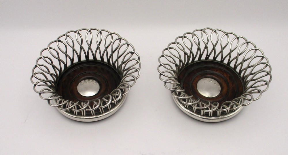 Small Pair of Old Sheffield Plated Wirework Glass Coasters View IV