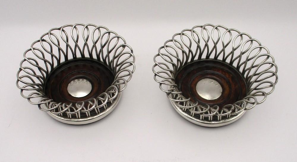 Small Pair of Old Sheffield Plated Wirework Glass Coasters View V