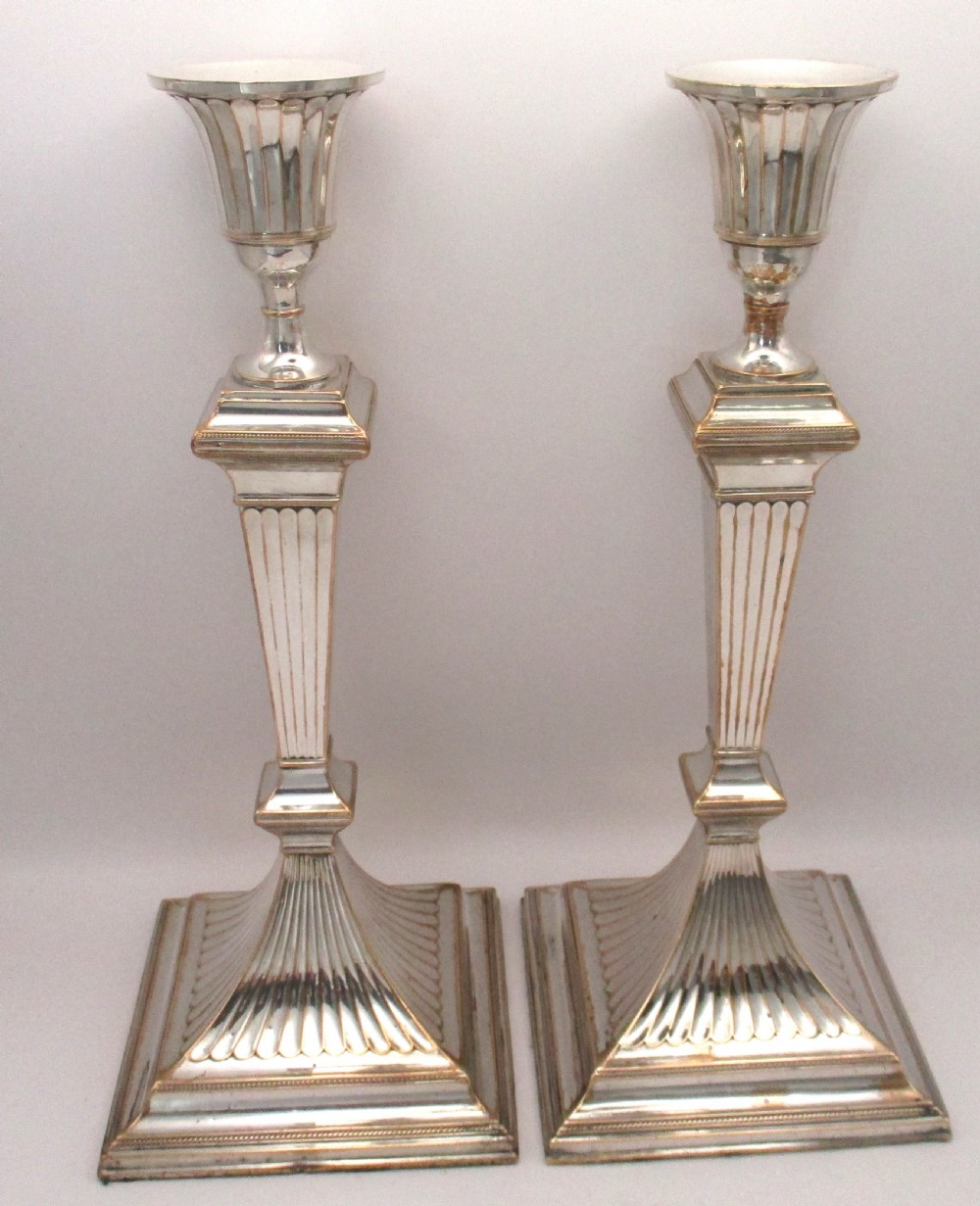 Tall Pair of Old Sheffield Plated Candlesticks View II