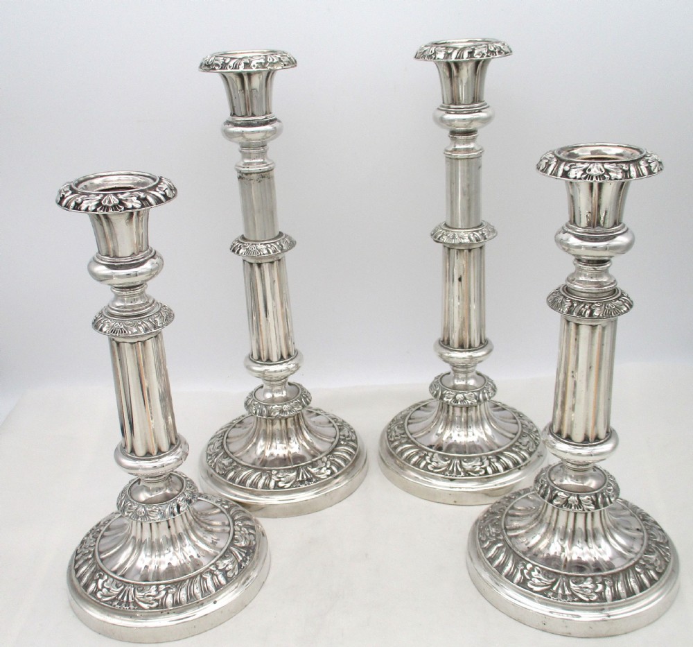 Good Set of 4 Old Sheffield Plated Extending Candlesticks View III