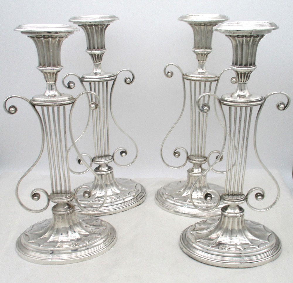 Rare Set of 4 Old Sheffield Plated Lyre Shaped Candlesticks