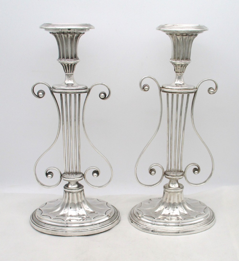 Rare Set of 4 Old Sheffield Plated Lyre Shaped Candlesticks View II