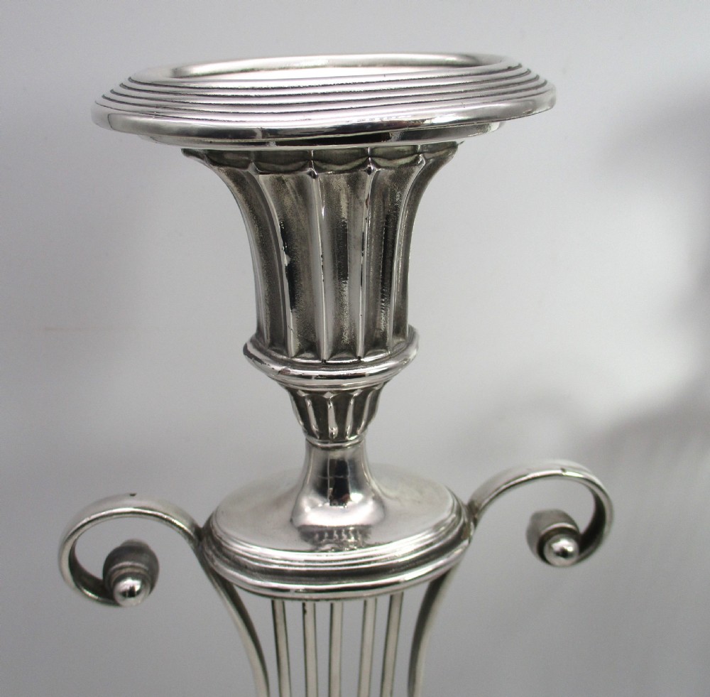 Rare Set of 4 Old Sheffield Plated Lyre Shaped Candlesticks View III