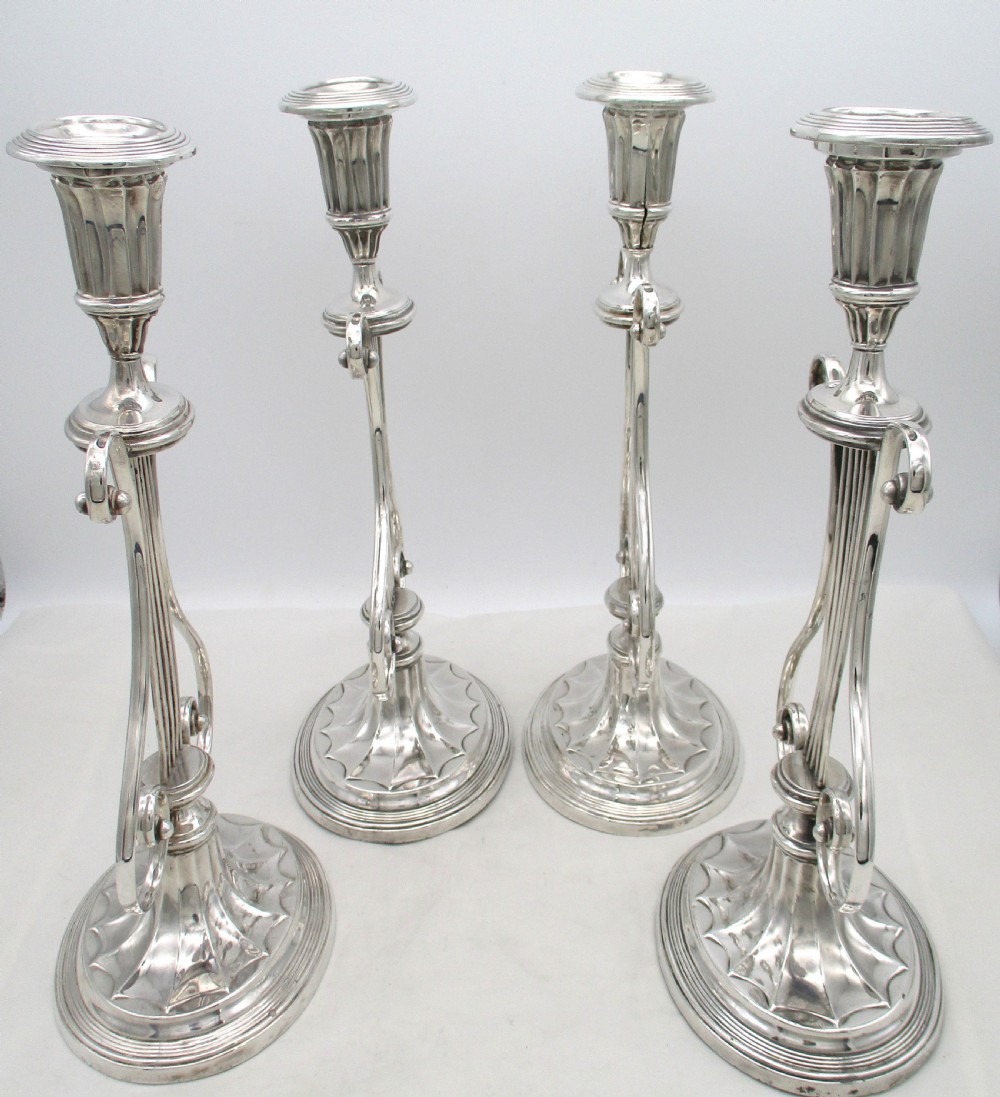 Rare Set of 4 Old Sheffield Plated Lyre Shaped Candlesticks View V