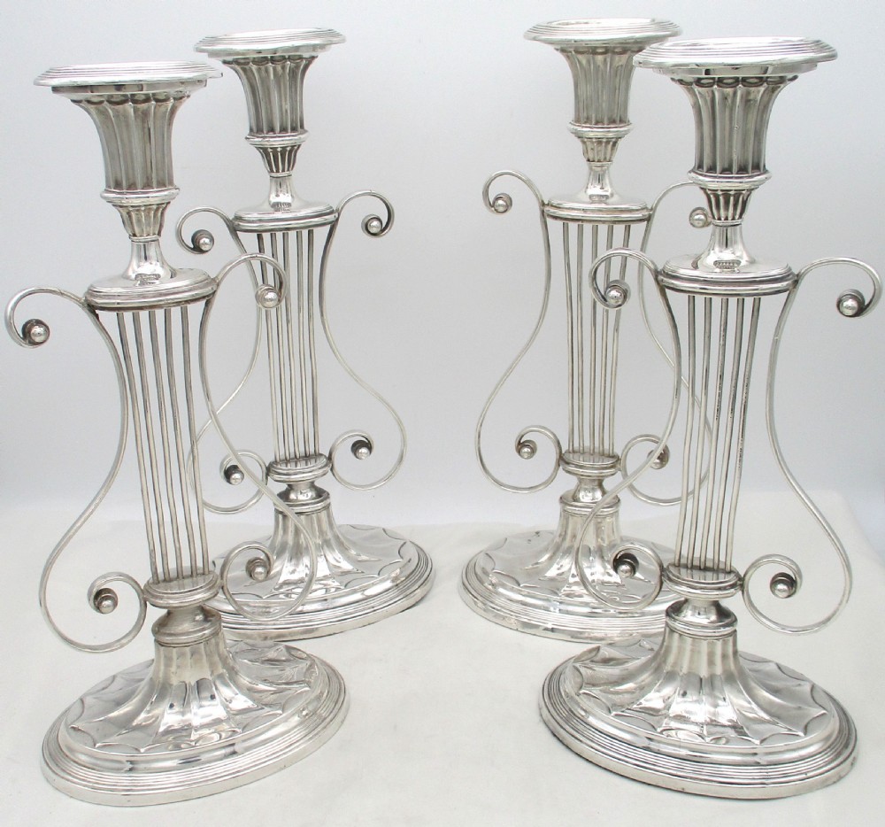 Rare Set of 4 Old Sheffield Plated Lyre Shaped Candlesticks View VI