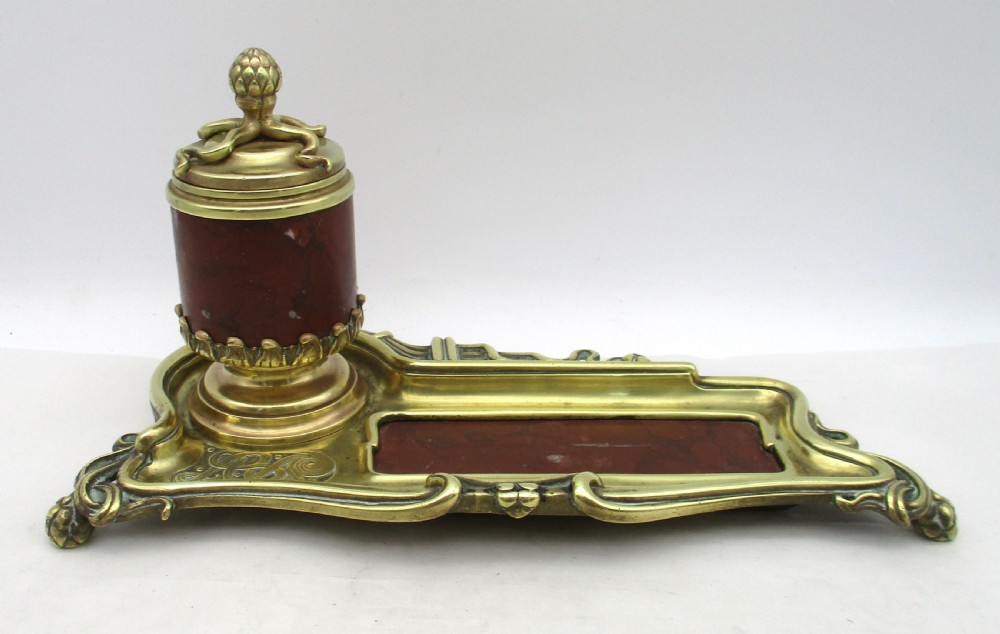 Art Nouveau Brass & Marble Ink Stand 