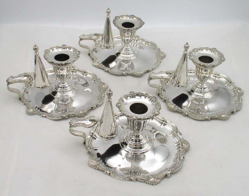 Set of 4 late 19th Century Silver Plated Chamber Candlesticks