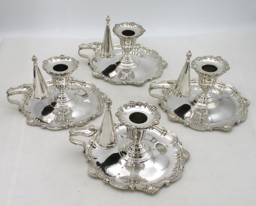 Set of 4 late 19th Century Silver Plated Chamber Candlesticks View VII