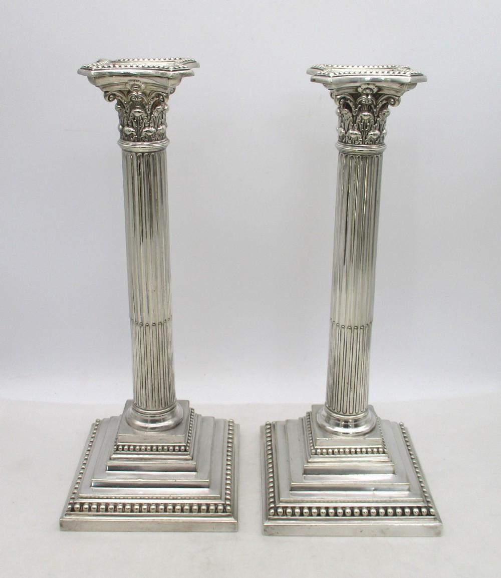 Good Tall Pair of Silver Plated Column Candlesticks by William Hutton View II