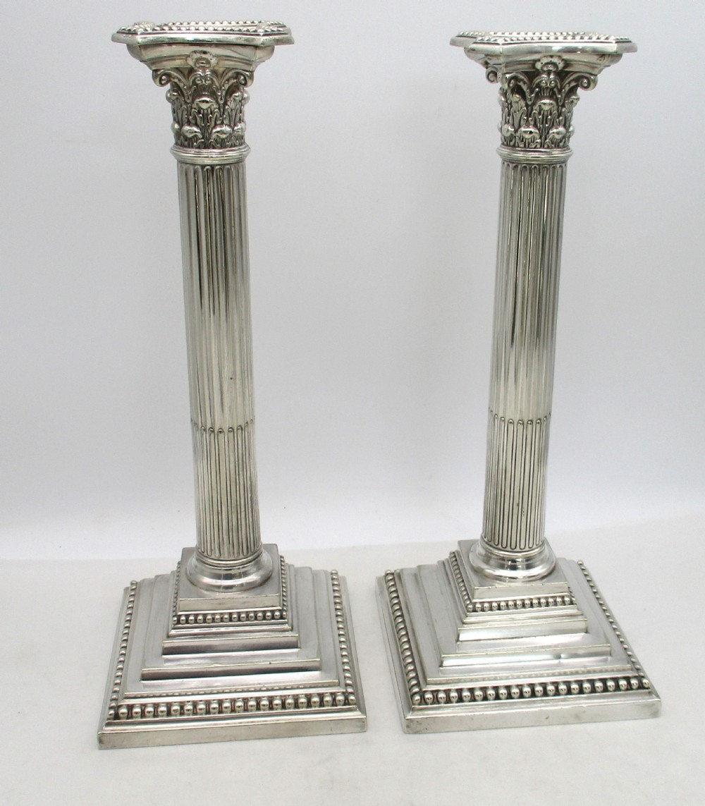 Good Tall Pair of Silver Plated Column Candlesticks by William Hutton View III