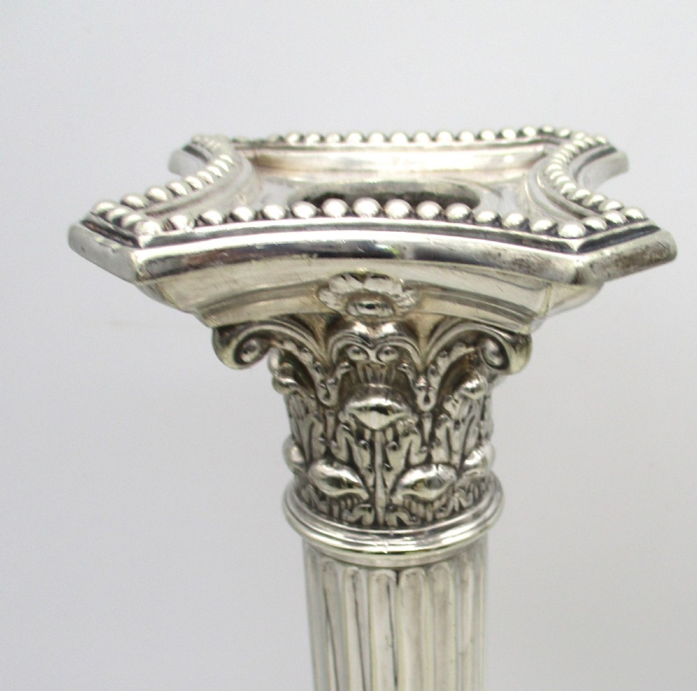 Good Tall Pair of Silver Plated Column Candlesticks by William Hutton View V