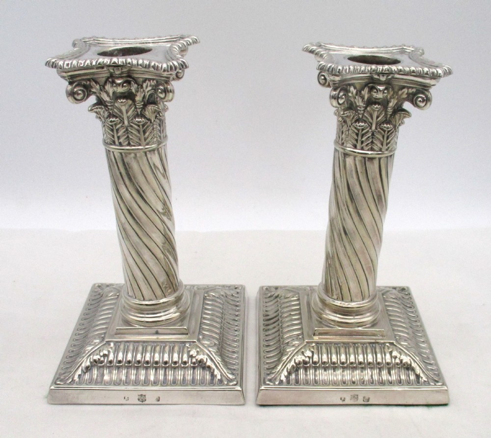 Small Pair of Silver Plated Column Candlesticks by Thomas Bradbury View II
