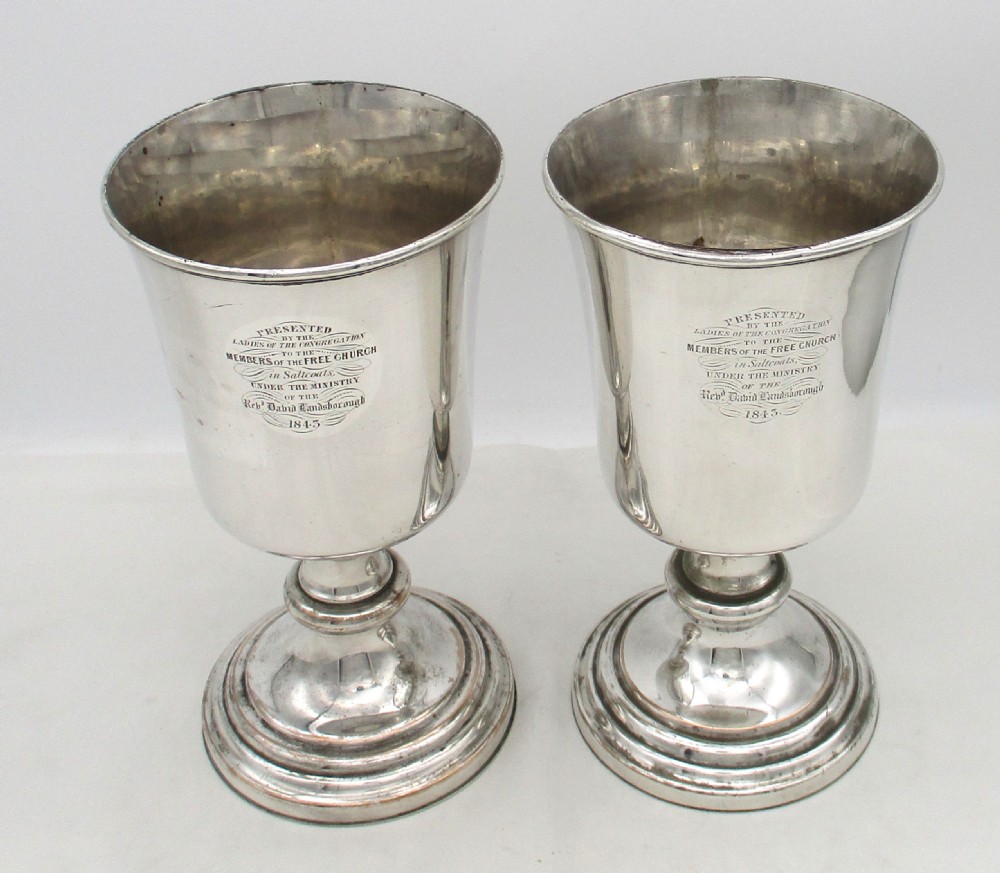 Very Large Pair of Old Sheffield Plated Communion Chalices 1845 View III