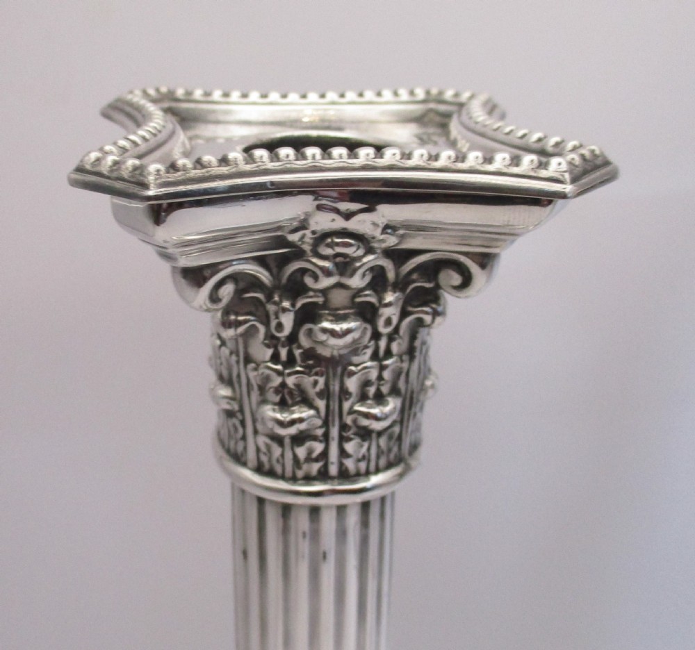Large Pair of Silver Plated Corinthian Column Candlesticks View III