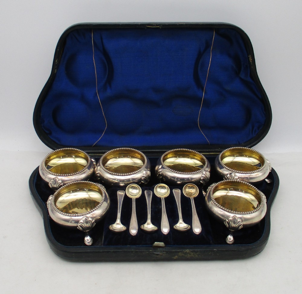 Boxed Set of 6 19th Century Silver Plated Salts & Spoons - Martin Hall