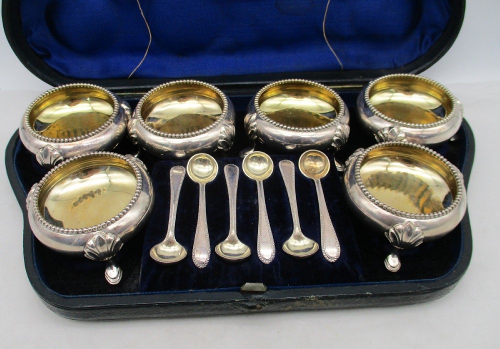 Boxed Set of 6 19th Century Silver Plated Salts & Spoons - Martin Hall View II