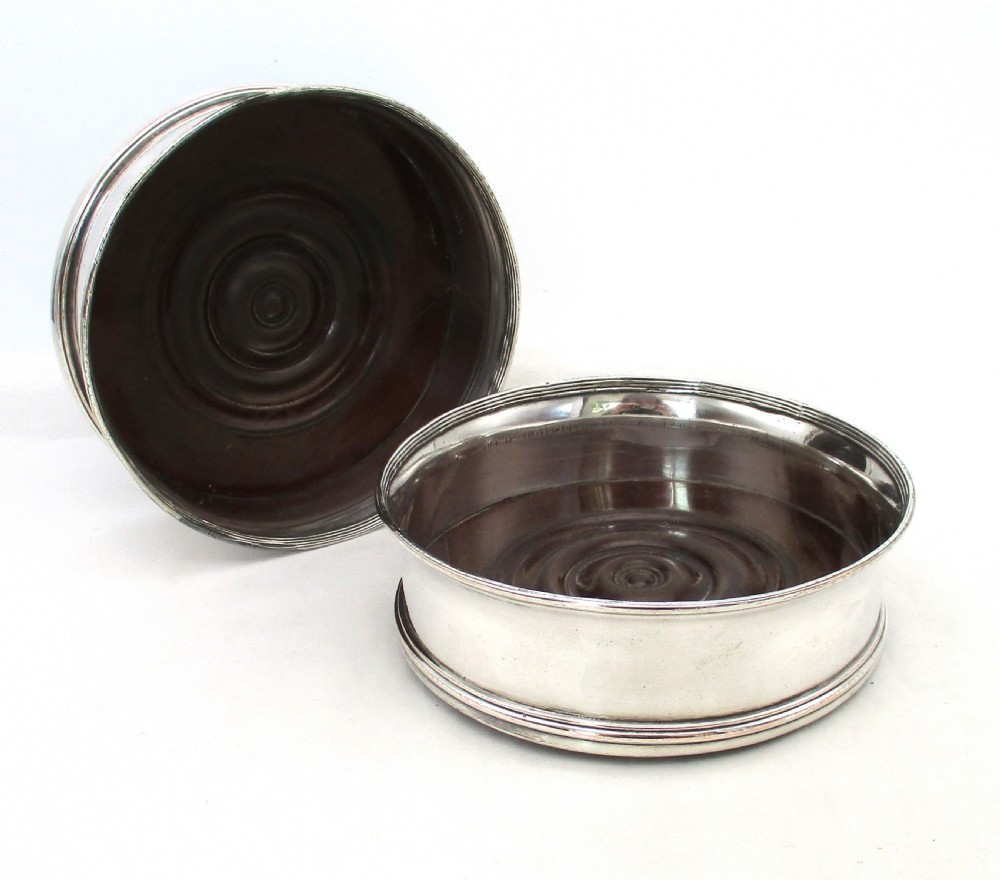 Fine Pair of Old Sheffield Plated Regency Coasters with Turned Mahogany Bases View IV