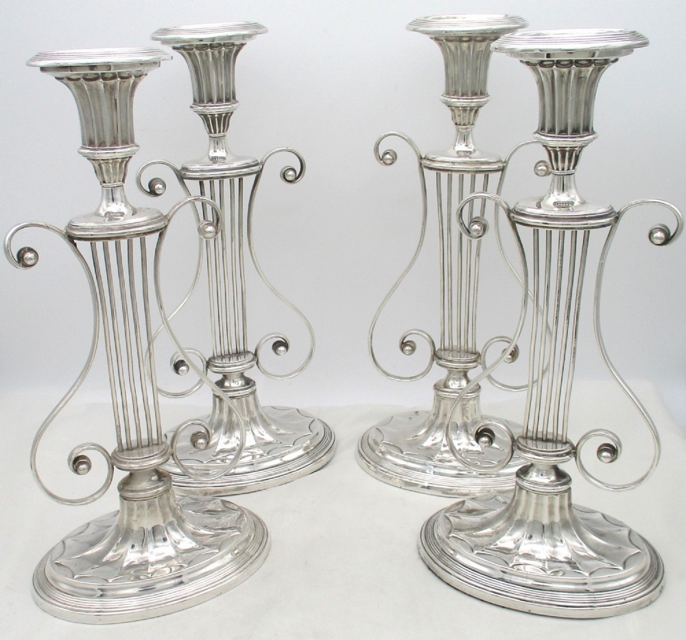 Set of 4 18th Century Old Sheffield Plated Lyre Candlesticks