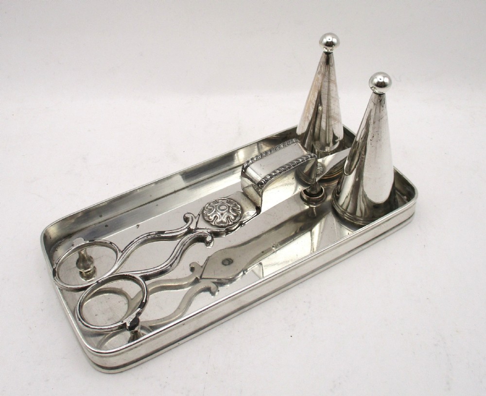 Rare Pair of Old Sheffield Plated Snips & 2 Snuffers on Tray c1810