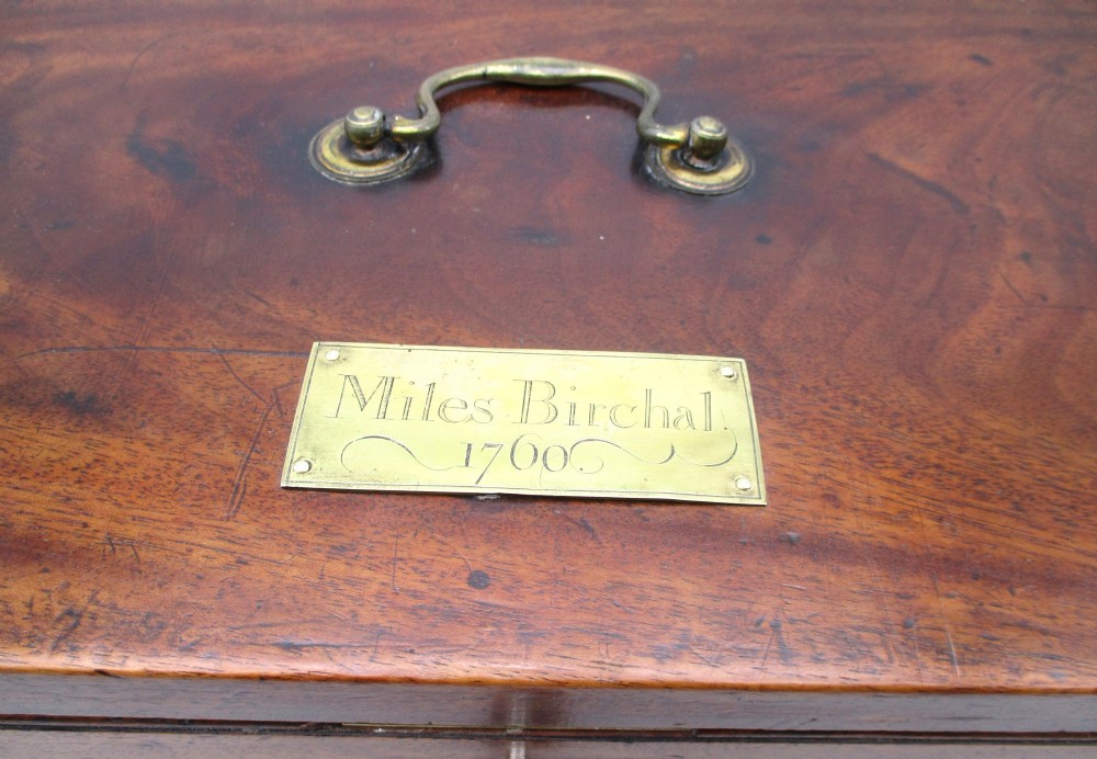 A rectangular mid-18th-century mahogany document box featuring a top brass swing handle, an engraved brass nameplate, and a brass keyhole escutcheon. View II