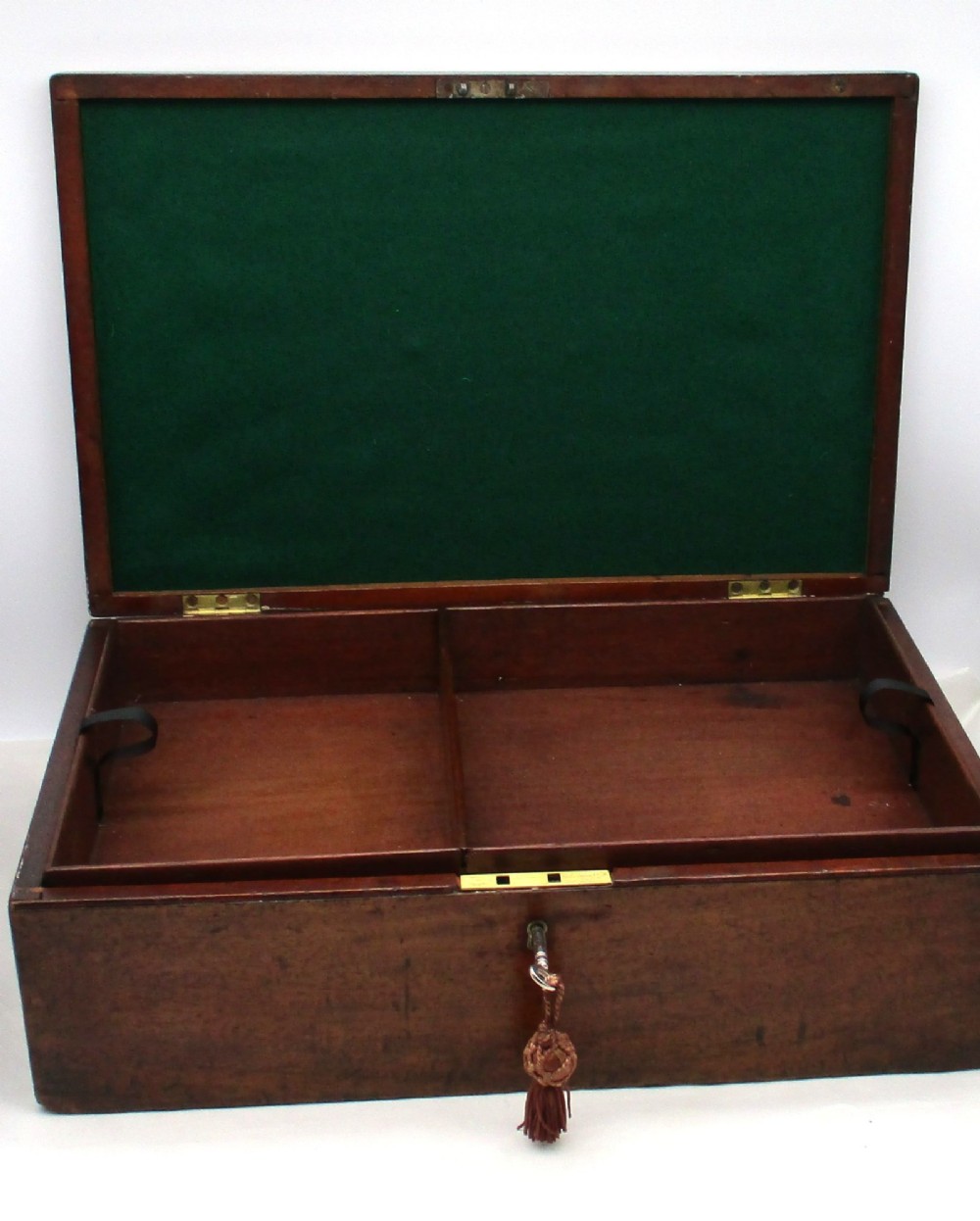 A rectangular mid-18th-century mahogany document box featuring a top brass swing handle, an engraved brass nameplate, and a brass keyhole escutcheon. View VI