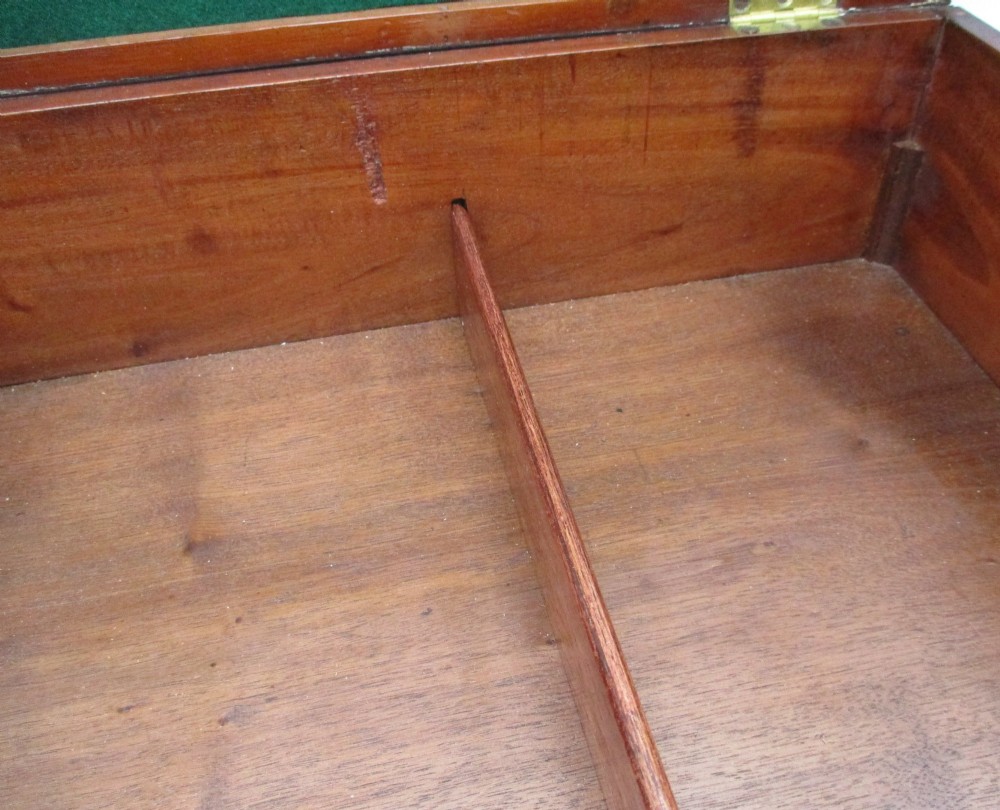 A rectangular mid-18th-century mahogany document box featuring a top brass swing handle, an engraved brass nameplate, and a brass keyhole escutcheon. View IX