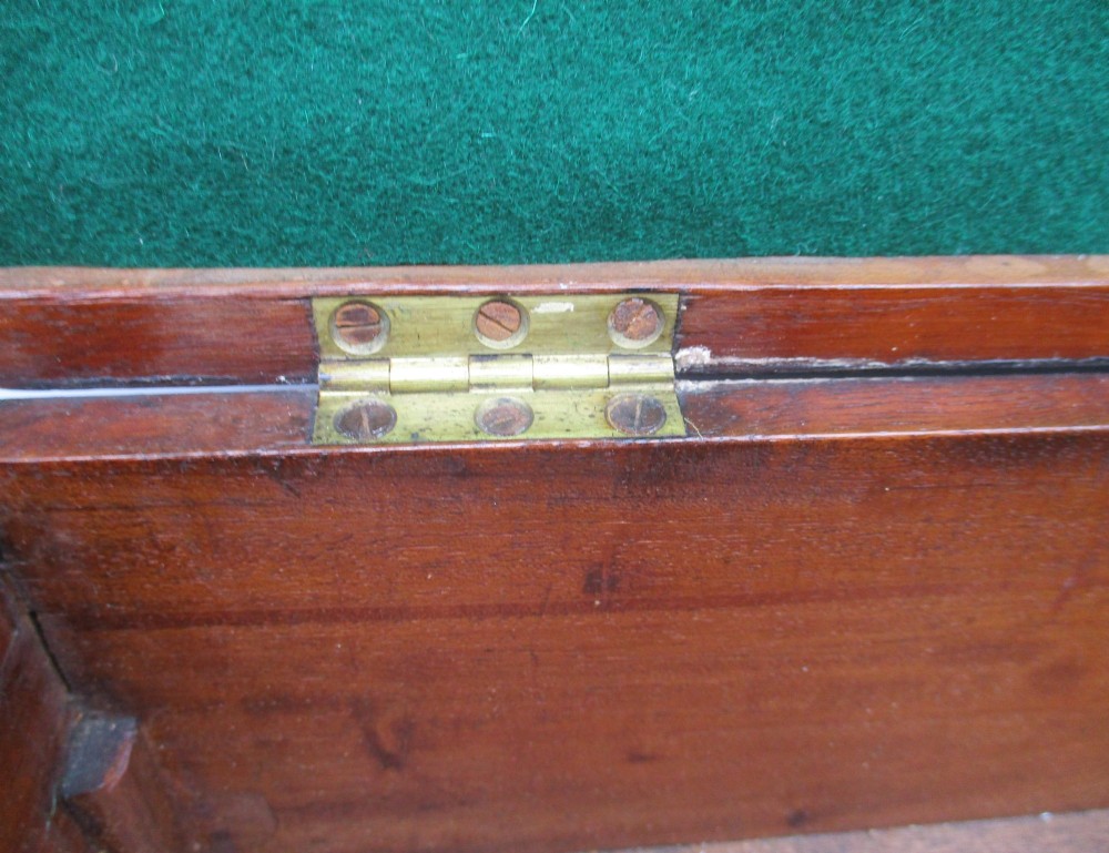 A rectangular mid-18th-century mahogany document box featuring a top brass swing handle, an engraved brass nameplate, and a brass keyhole escutcheon. View X