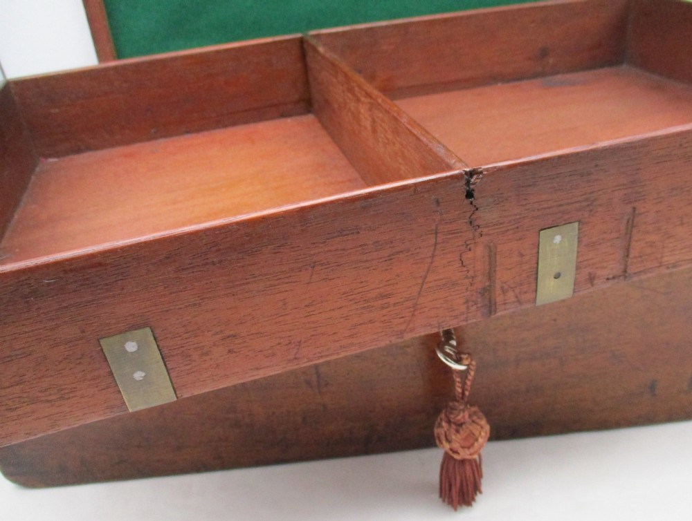 A rectangular mid-18th-century mahogany document box featuring a top brass swing handle, an engraved brass nameplate, and a brass keyhole escutcheon. View XI
