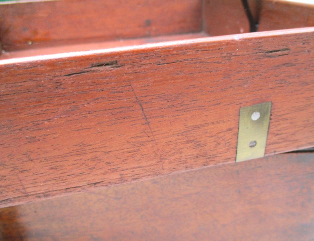A rectangular mid-18th-century mahogany document box featuring a top brass swing handle, an engraved brass nameplate, and a brass keyhole escutcheon. View XII