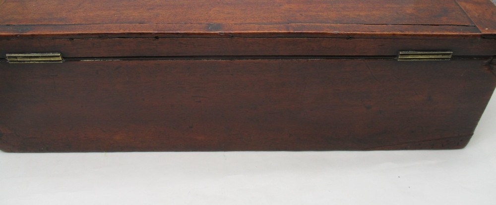 A rectangular mid-18th-century mahogany document box featuring a top brass swing handle, an engraved brass nameplate, and a brass keyhole escutcheon. View XV