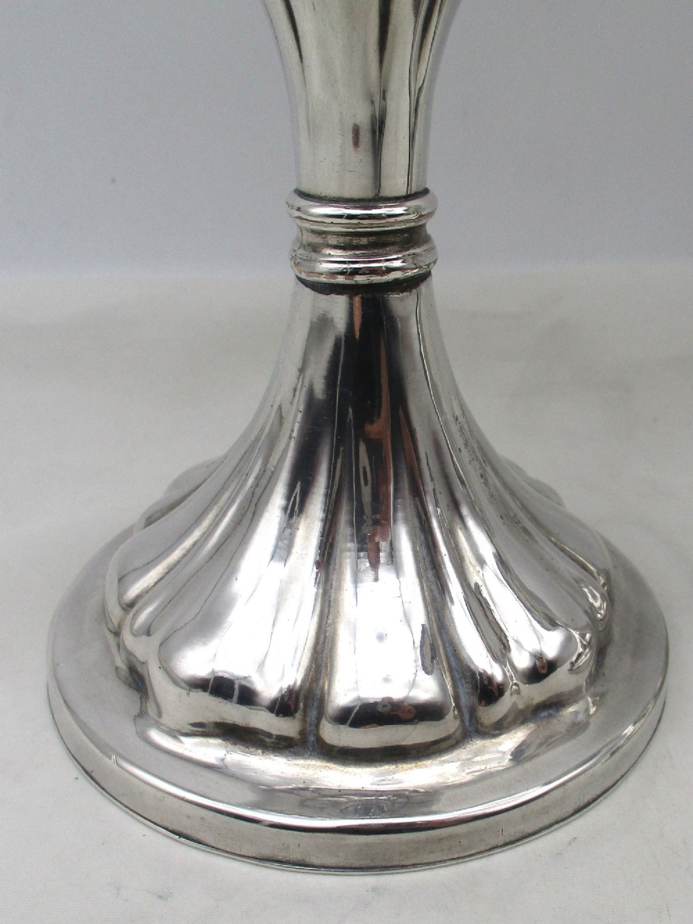 A pair of silver-plated Old Sheffield chalices featuring fluted lower bowls, raised lobed bases, and gilded interiors engraved with chapel inscriptions. View III