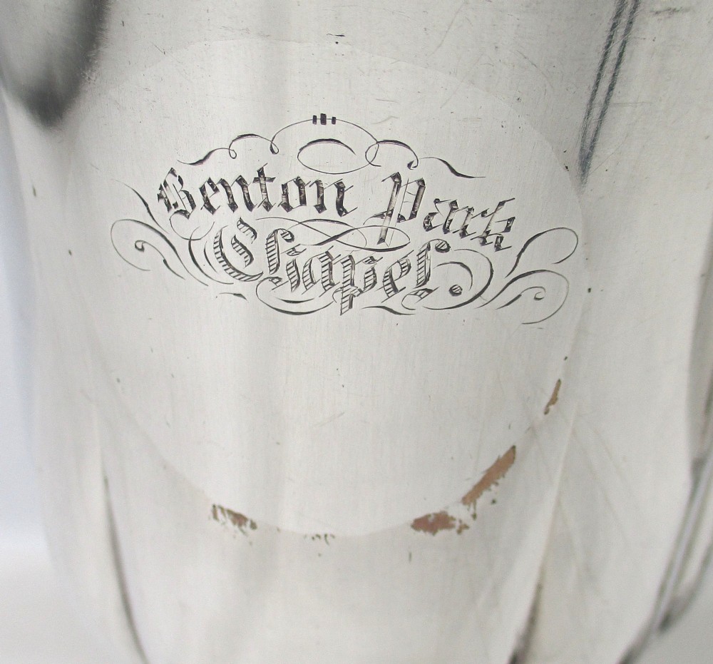 A pair of silver-plated Old Sheffield chalices featuring fluted lower bowls, raised lobed bases, and gilded interiors engraved with chapel inscriptions. View IV