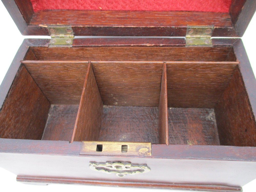 A rectangular George III mahogany tea caddy featuring a stepped hinged lid, a brass swan-neck handle, and a pierced brass keyhole escutcheon. View VII