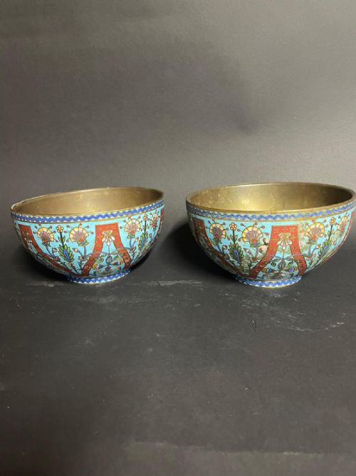 Pair of Champleve Enamel Bowls