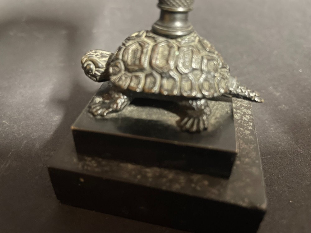 A carved coconut shell standing cup mounted on a bronze tortoise pedestal with a square stone base. View XI