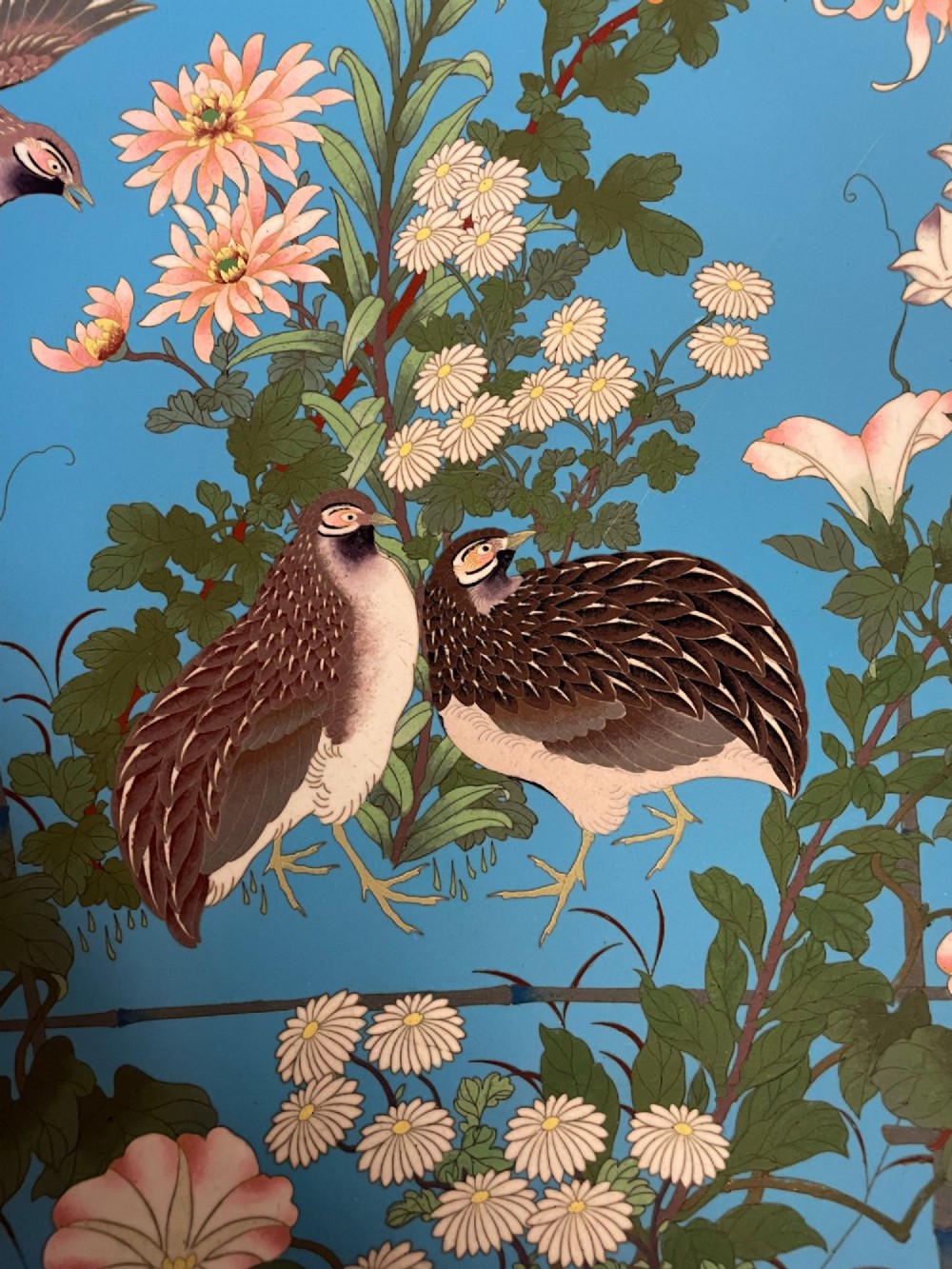 A circular Japanese cloisonne enamel charger depicting quails among chrysanthemums and lilies against a sky blue background with a patterned geometric border. View II