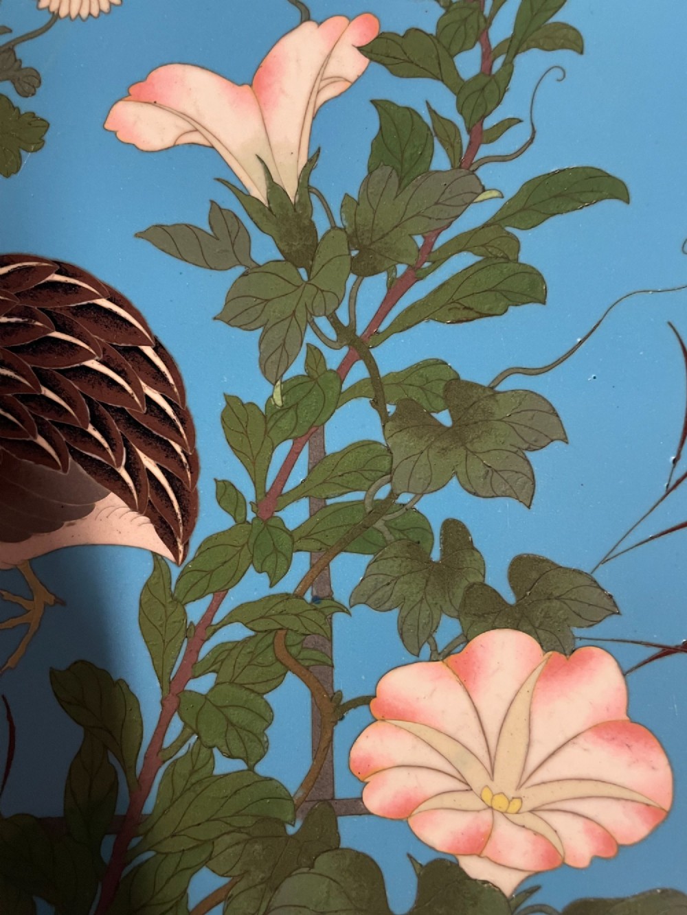 A circular Japanese cloisonne enamel charger depicting quails among chrysanthemums and lilies against a sky blue background with a patterned geometric border. View VII