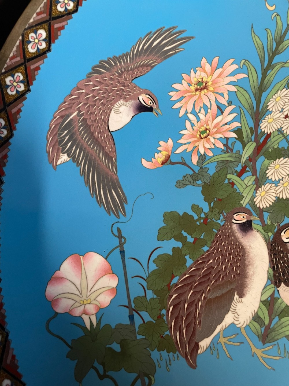 A circular Japanese cloisonne enamel charger depicting quails among chrysanthemums and lilies against a sky blue background with a patterned geometric border. View X