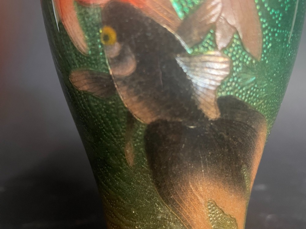 A baluster-shaped Japanese Gin-Bari cloisonne vase featuring swimming red and black goldfish against a translucent emerald green foil-backed enamel ground. View VIII