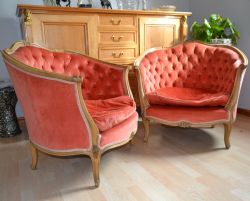 PAIR OF FRENCH FAUTEUILS UPHOLSTERED IN CORAL VELVET