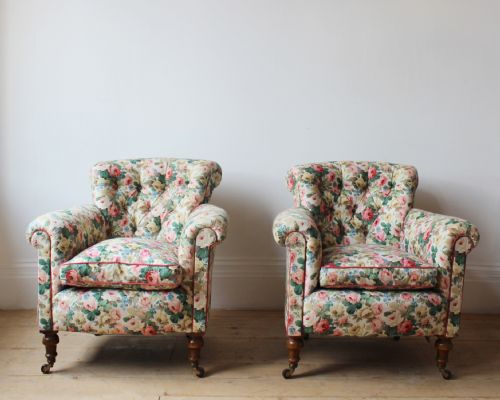pair of howard style woodstock armchairs - CATEGORY: ANTIQUE CHAIRS - DATED 19TH CENTURY