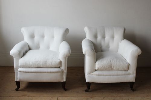 matched pair howard style woodstock armchairs - CATEGORY: ANTIQUE CHAIRS - DATED 1900