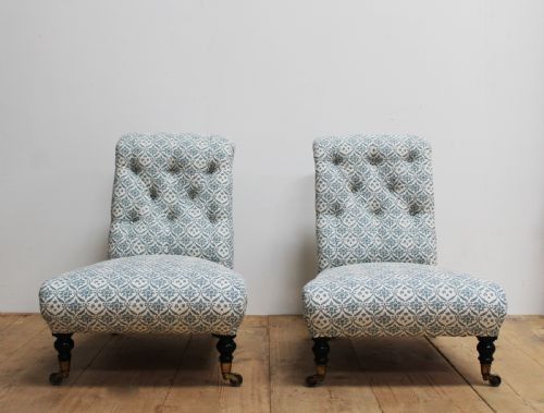 matched pair of howard and sons slipper chairs - CATEGORY: ANTIQUE CHAIRS - DATED 19TH CENTURY