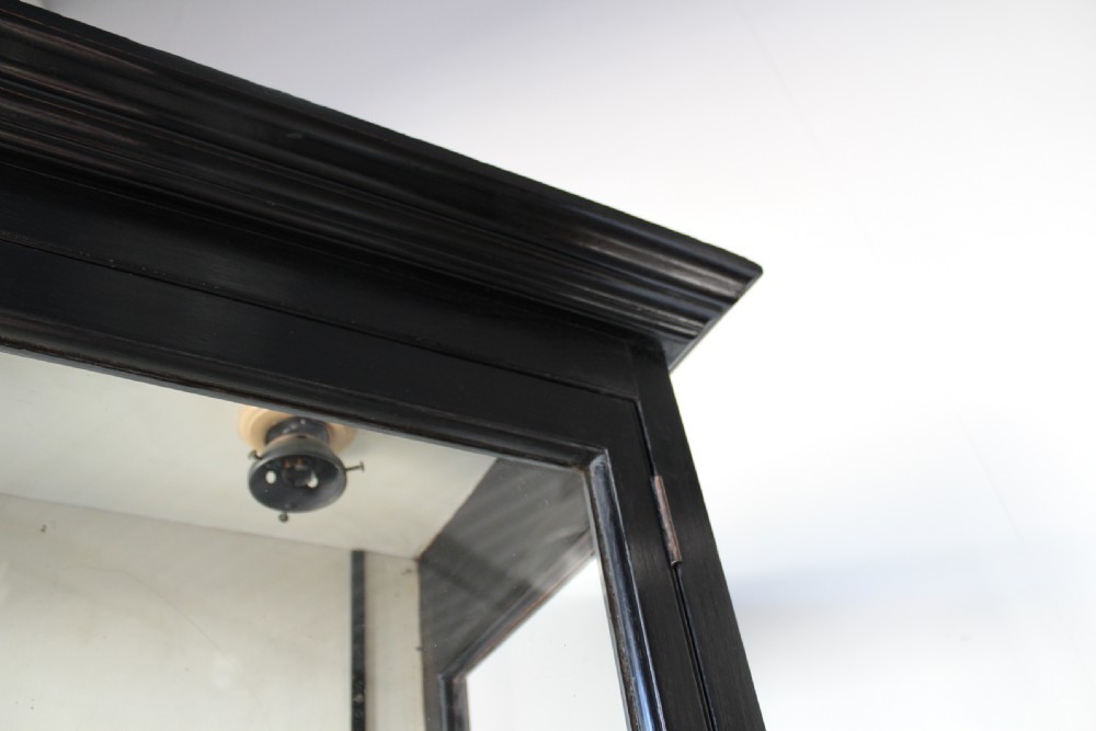 A tall, narrow black painted wooden display cabinet featuring glass side and front panels, interior glass shelves, a moulded cornice, and brass latch hardware. View V